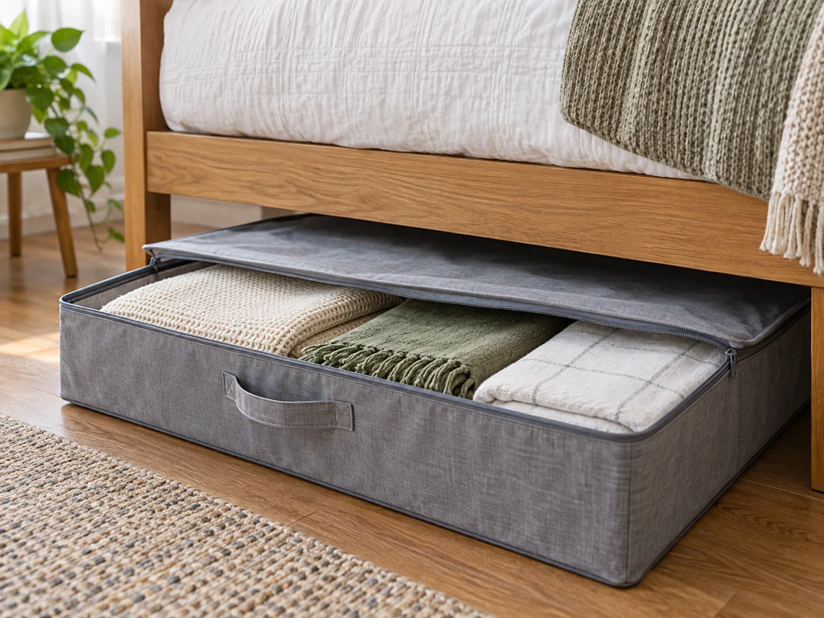 An open fabric storage box pulled out from beneath a wooden bed.