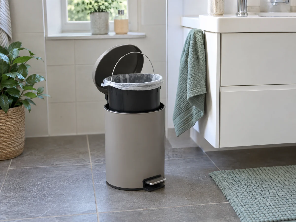 A small plain pedal-operated bathroom waste bin next to a white sink cabinet, removable inner bucket partly lifted and a standard plain liner visible; understated domestic bathroom.