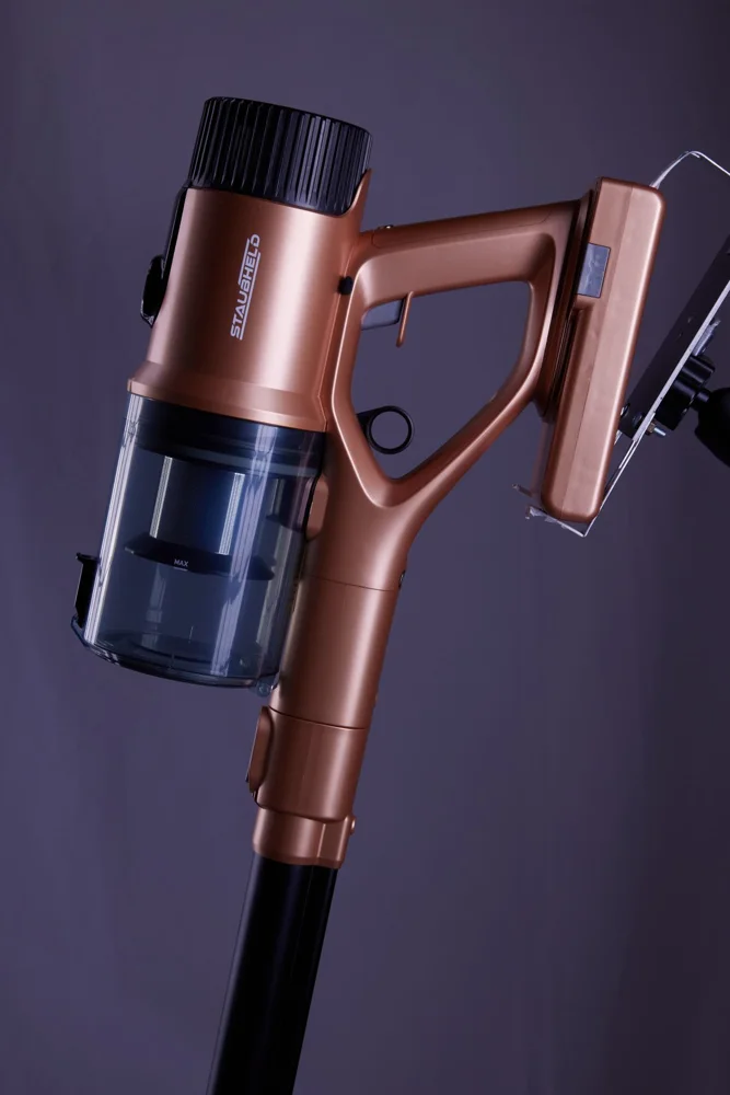 Close-up shot of a modern cordless vacuum cleaner in elegant design.
