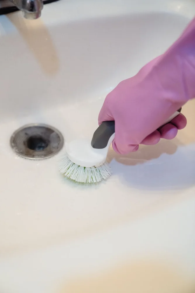 A close-up of a hand in a glove cleaning a sink with a scrub brush.