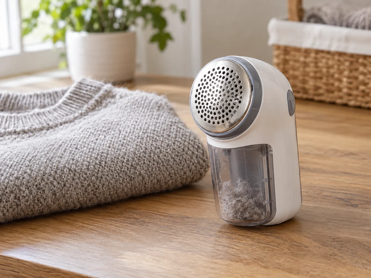 A compact electric fabric shaver with a round perforated metal shaving head and small clear lint chamber, resting beside a folded knitted sweater on a neutral wooden table. Show appliance and fabric texture clearly.