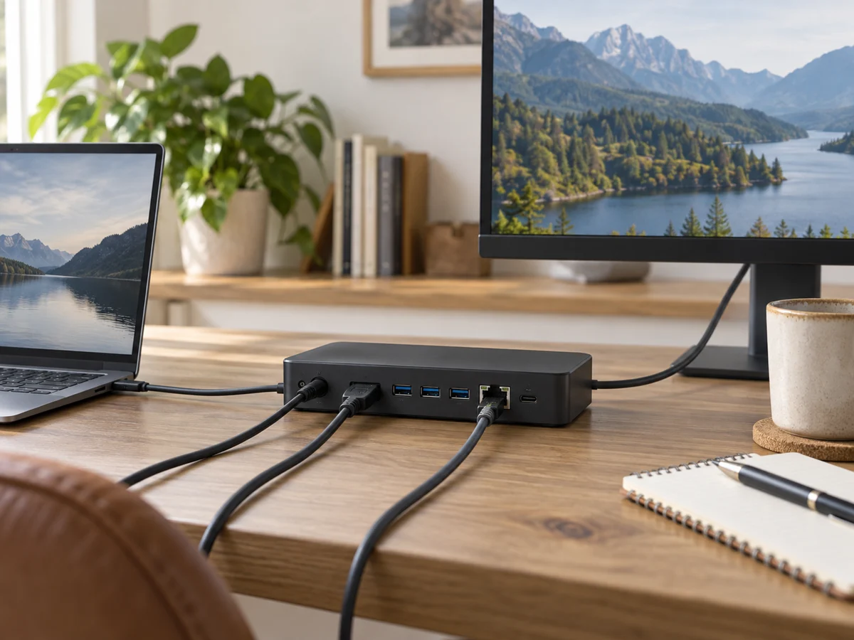 A generic unbranded powered laptop docking station on a home office desk, connected to a laptop and a separate monitor by distinct cables; compact rectangular dock with power input, video output, several USB ports and Ethernet, rear connections visibly organized.