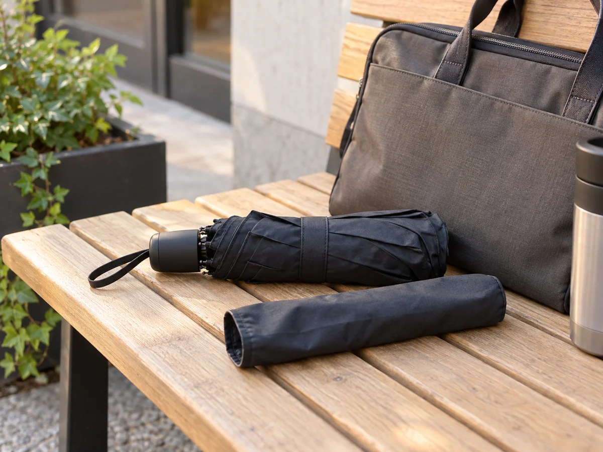 A folded compact telescopic umbrella beside a small commuter work bag on a light wooden bench, its short collapsed handle and plain fabric sleeve visible; understated everyday rain preparation still life.